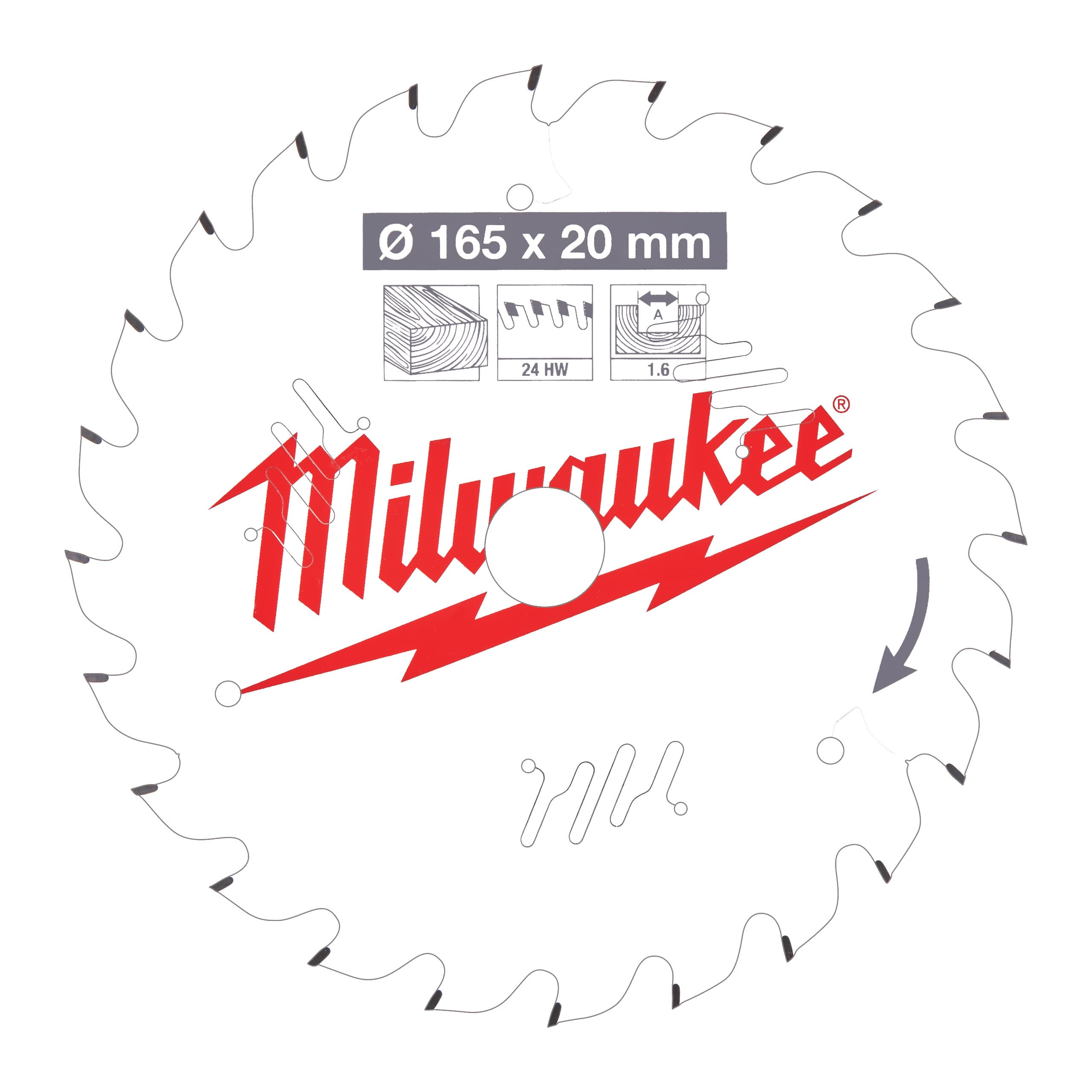 Milwaukee Cirkelzaagblad hout 165 x 20 x 1.6 Thin Kerf ATB 24T +15°