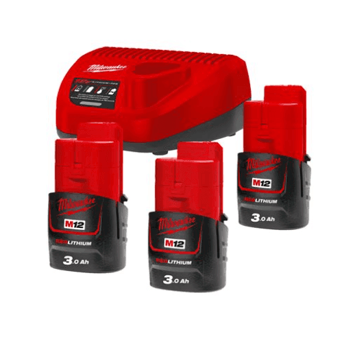 Milwaukee accu startset M12 NRG-303 3A lader 3x 3,0Ah