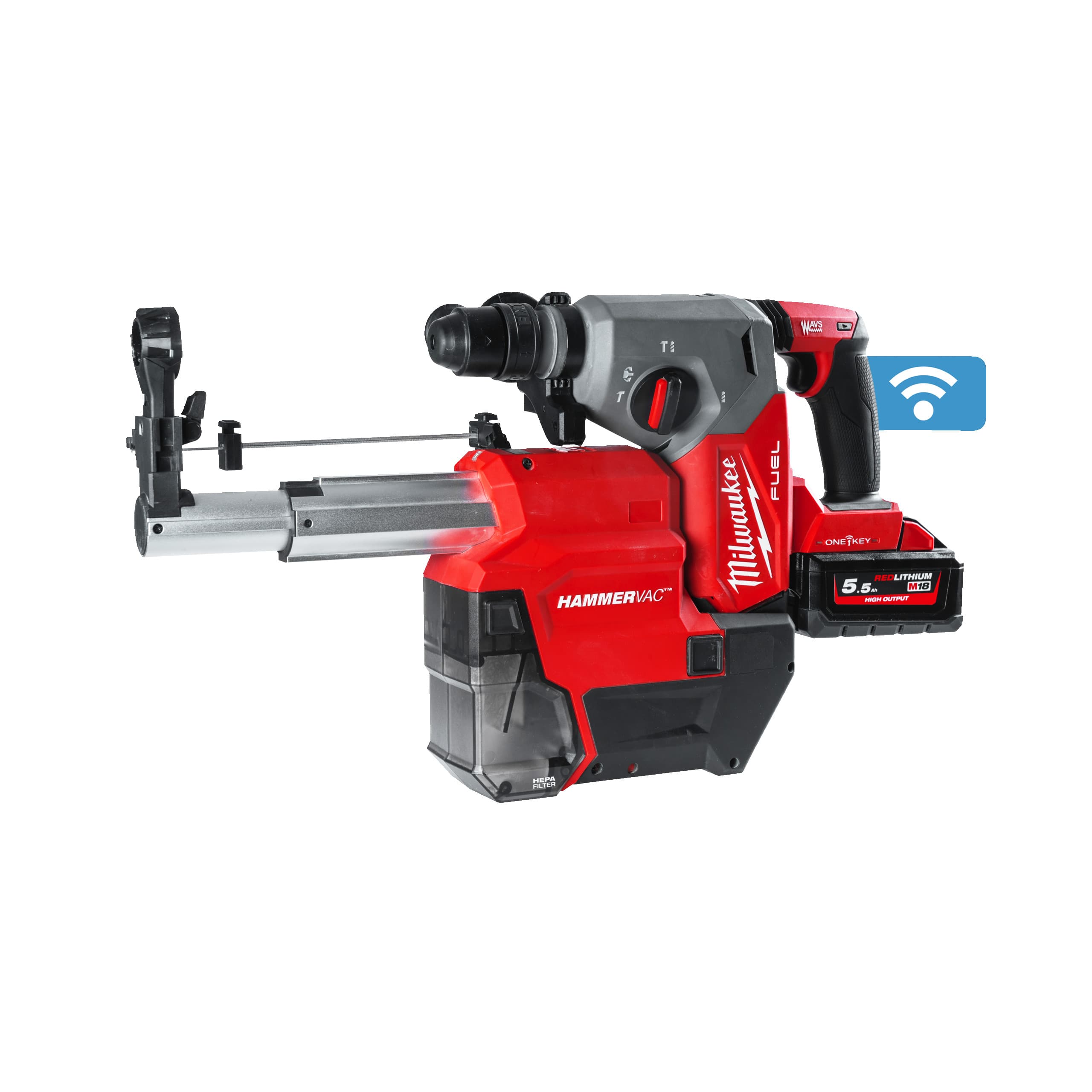 Milwaukee boorhamer M18 ONEFHX DEL-552C SDS-plus 2,5j 26mm beitelstop 2x 5,5Ah ONE-KEY FIXTEC incl. stofafzuiging koffer