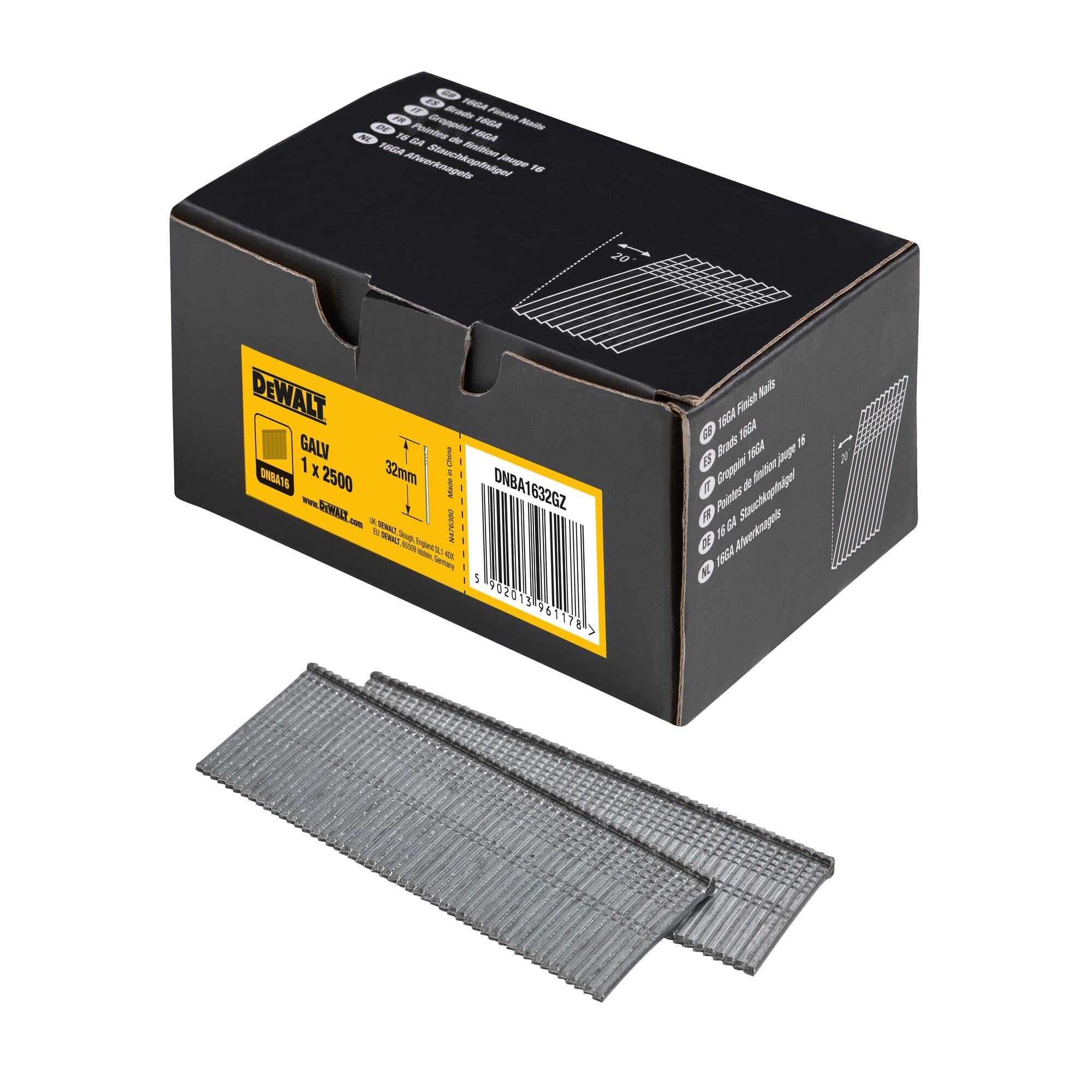 Dewalt brads 16Ga 20° ø1.6 - 63mm gegalvaniseerd 2.5m DNBA1663GZ DNBA1663GZ