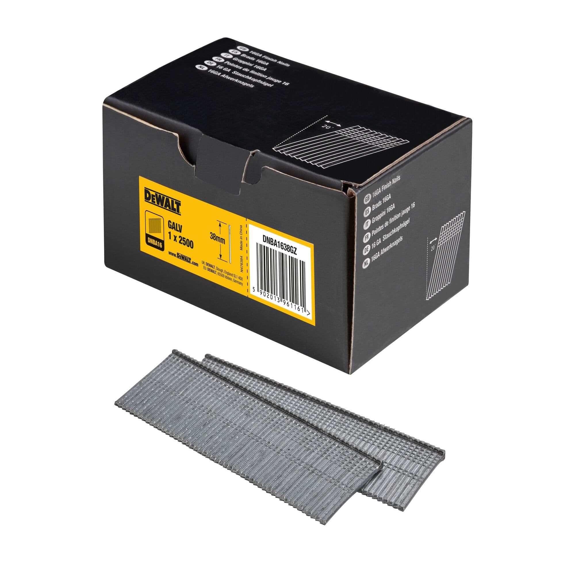 Dewalt brads 16Ga 20° ø1.6 - 63mm gegalvaniseerd 2.5m DNBA1663GZ DNBA1663GZ