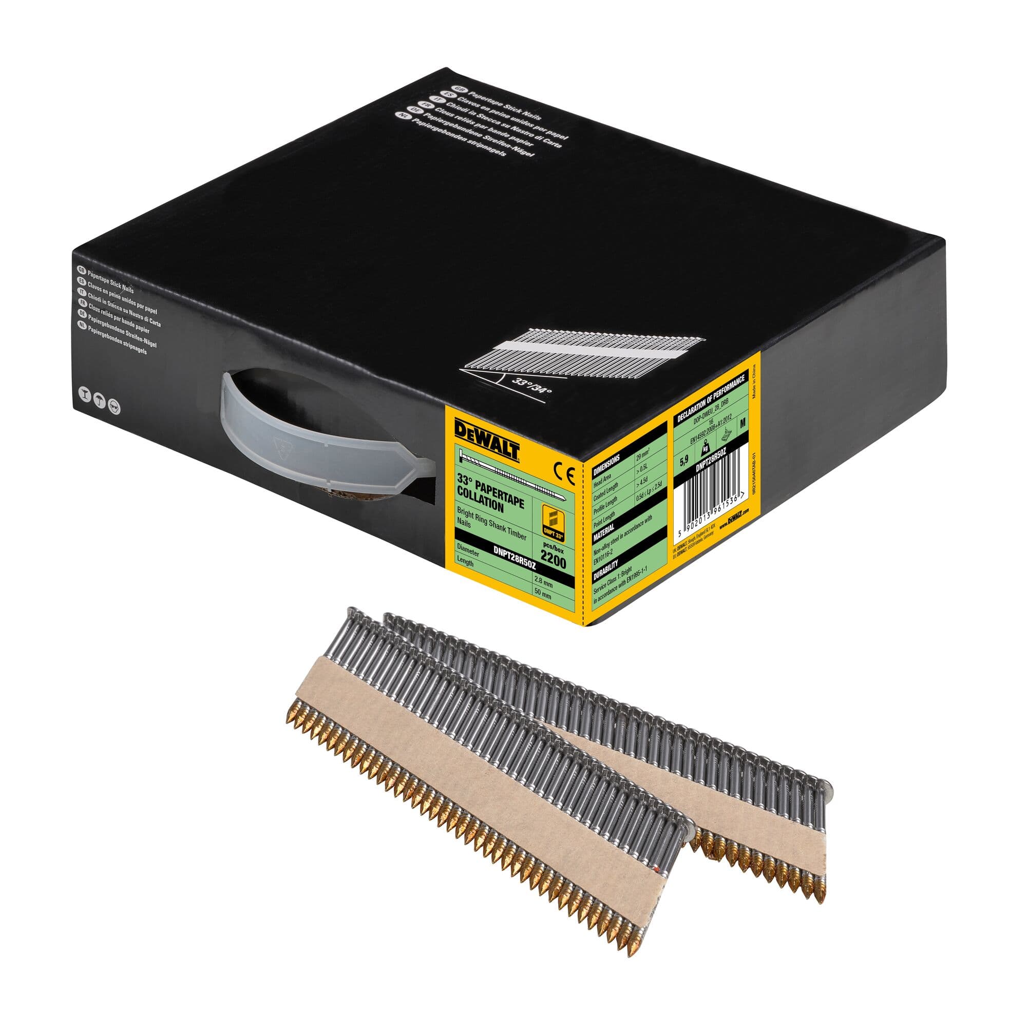 Dewalt Nagels D-kop 34° papiergebonden geringd helder 2.2m
