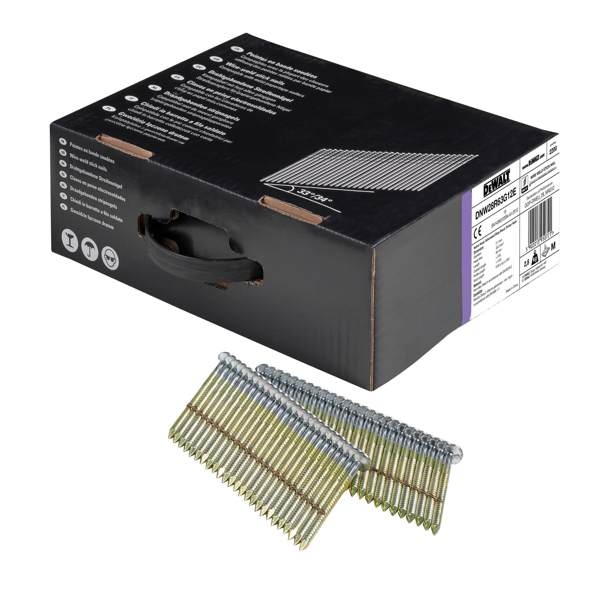 Dewalt Nagels D-kop 34° draadlas 2.8 - 63mm geringd gegalvaniseerd G12 2.2m DNW28R63G12E