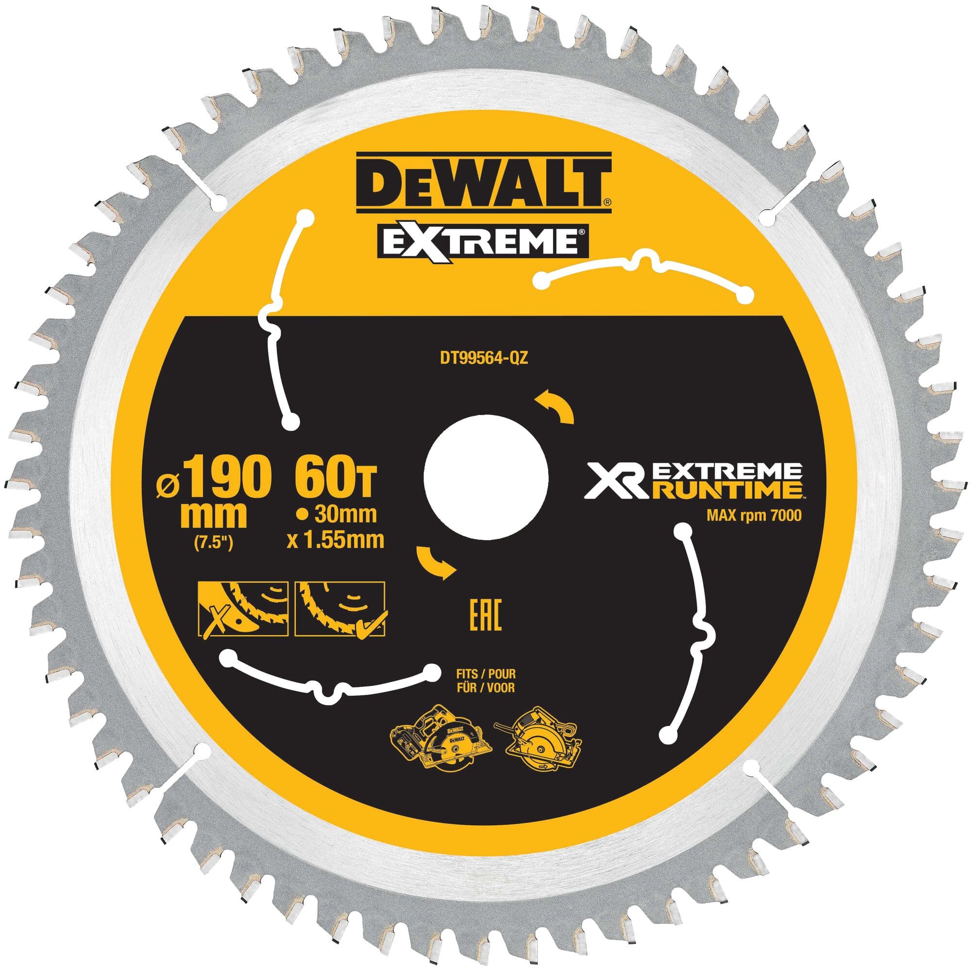 Dewalt Cirkelzaagblad 190x30x1.55 60T Xtreme Runtime DT99564-QZ