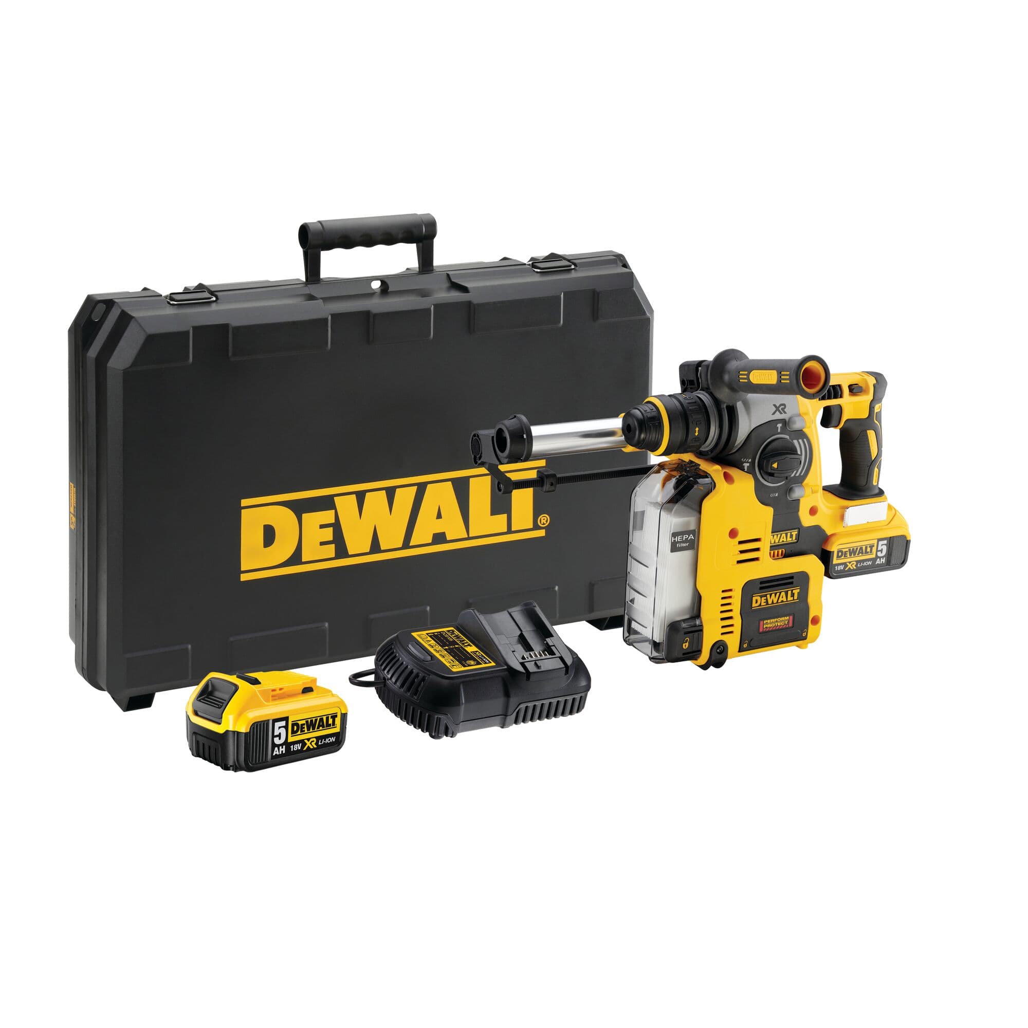DeWalt boorhamer DCH275P2-QW SDS-plus 2.1J 24mm beitelstop 18V 2x 5.0Ah wisselbare boorkop stofafzuiging