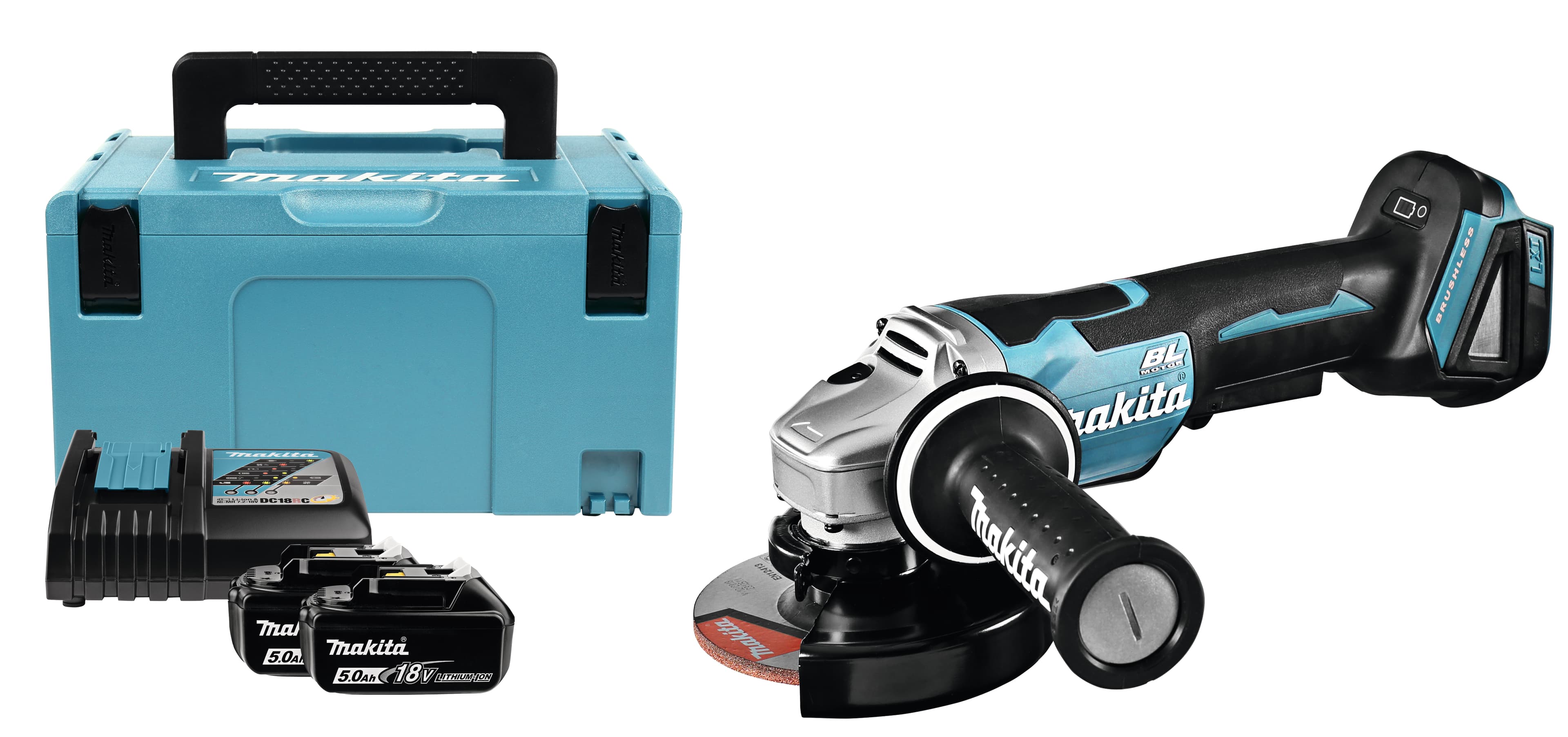 Makita haakse slijper DGA508RTJ 125mm rem dodemansschakelaar 18V 2x 5.0Ah Mbox