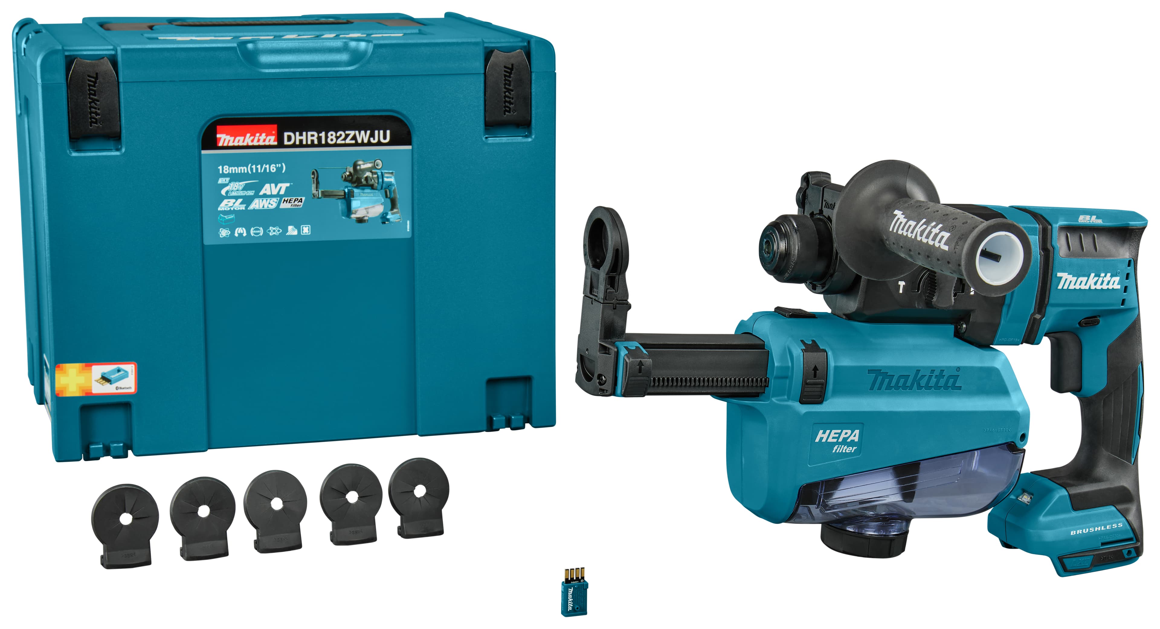Makita boorhamer DHR182ZWJU SDS-plus 1.7J beitelstop 18V AWS stofafzuiging Mbox
