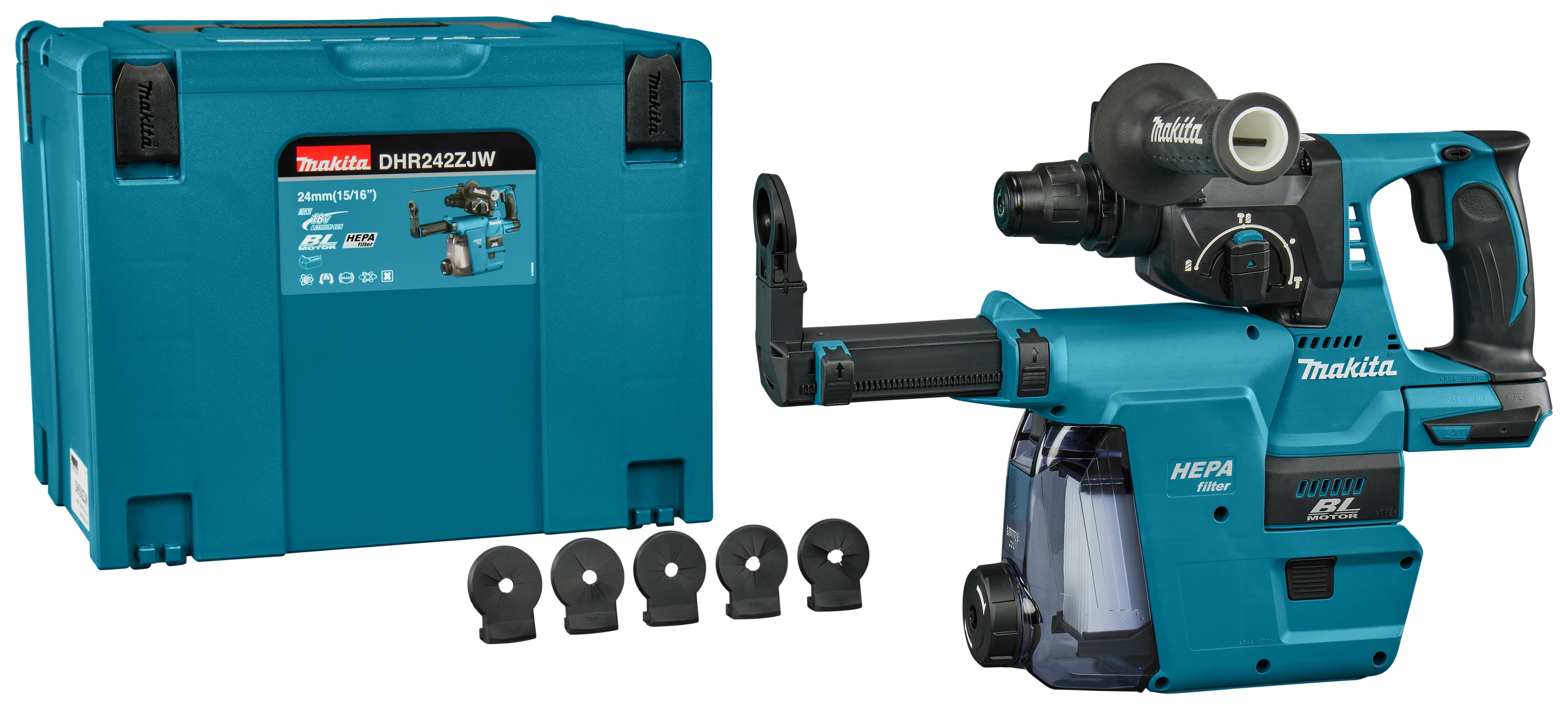Makita boorhamer DHR242ZJW SDS-plus 2.0J beitelstop 18V stofafzuiging Mbox