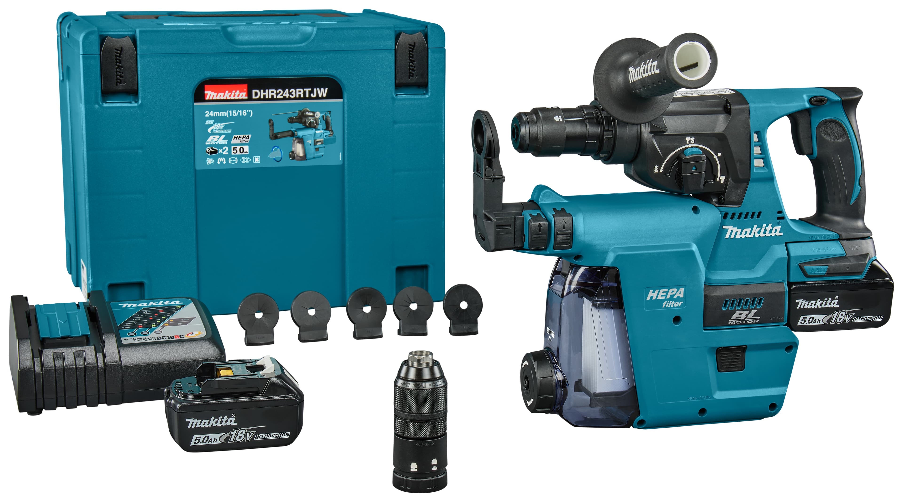 Makita boorhamer DHR243RTJW SDS-plus 2.0J beitelstop 18V 2x 5.0Ah wisselbare boorkop en stofafzuiging Mbox
