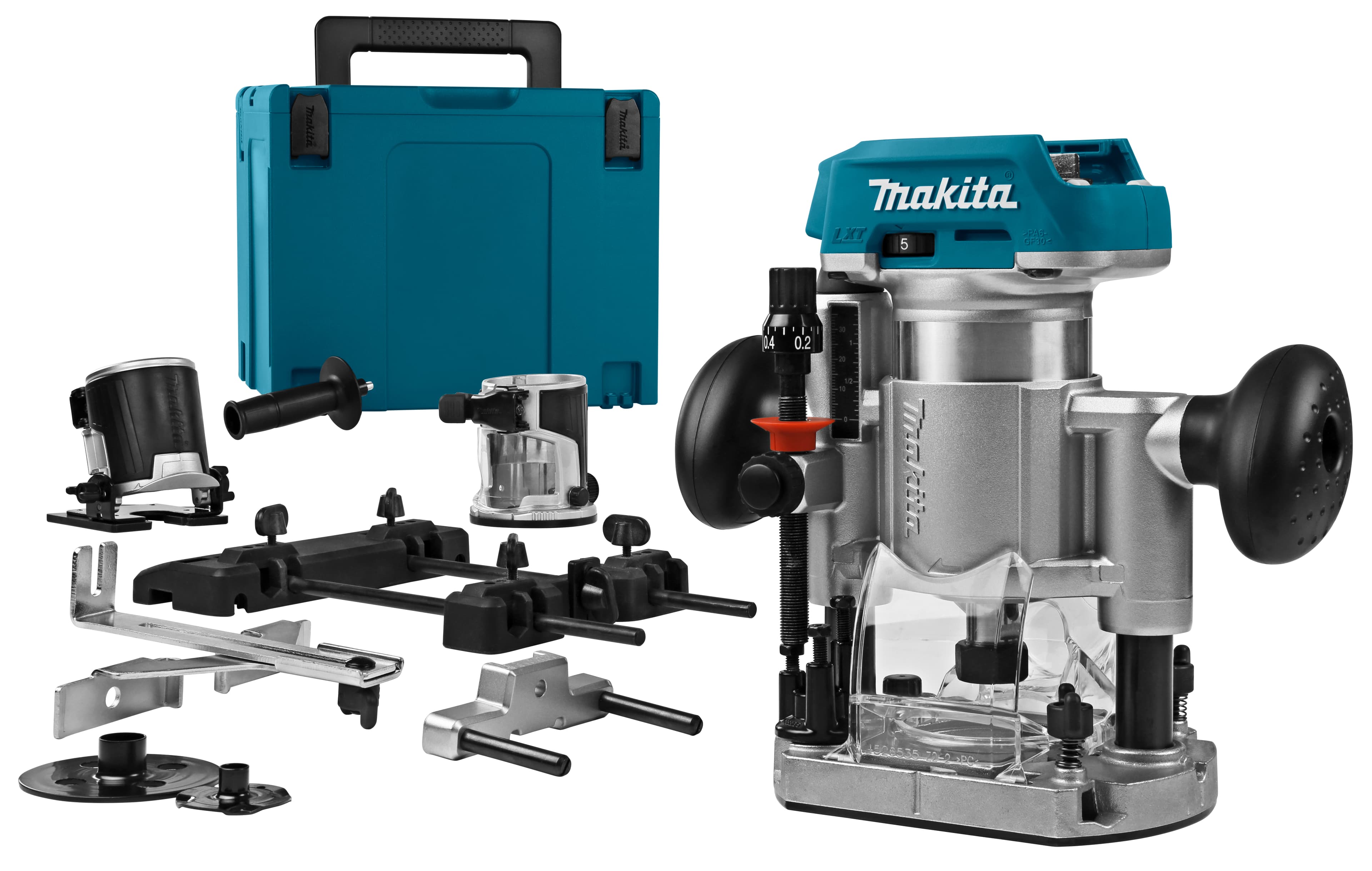 Makita bovenfrees DRT50ZJX9 6-8mm 18V incl. kantenfrees zool, geleiderail adapter Mbox
