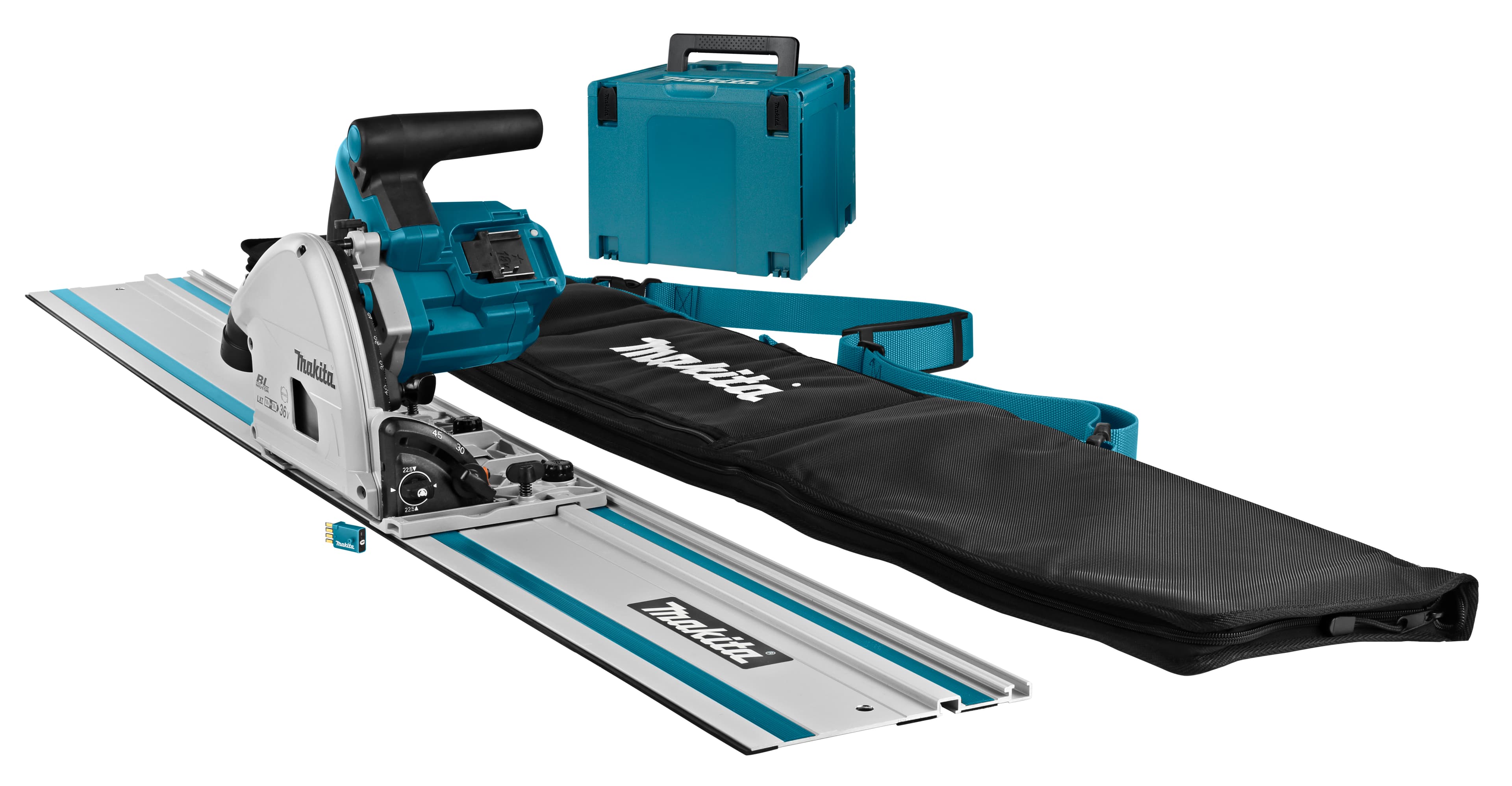 Makita invalzaag DSP601ZJU2 165mm 2x18V AWS incl. geleiderail en tas Mbox