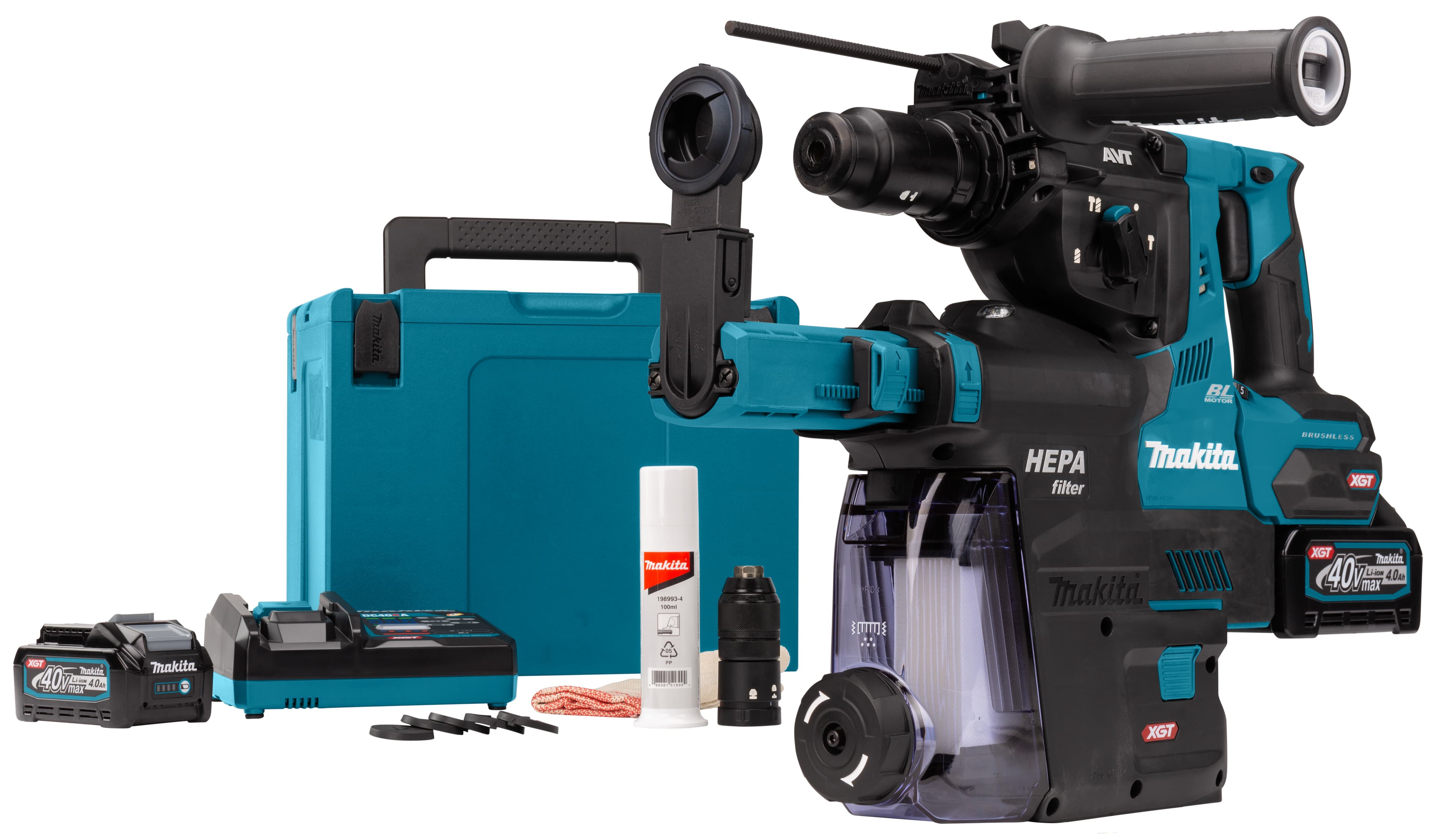 Makita boorhamer HR004GM202 SDS-plus 2.9j beitelstop 40V 2x 4.0Ah wisselbare boorkop en stofafzuiging Mbox
