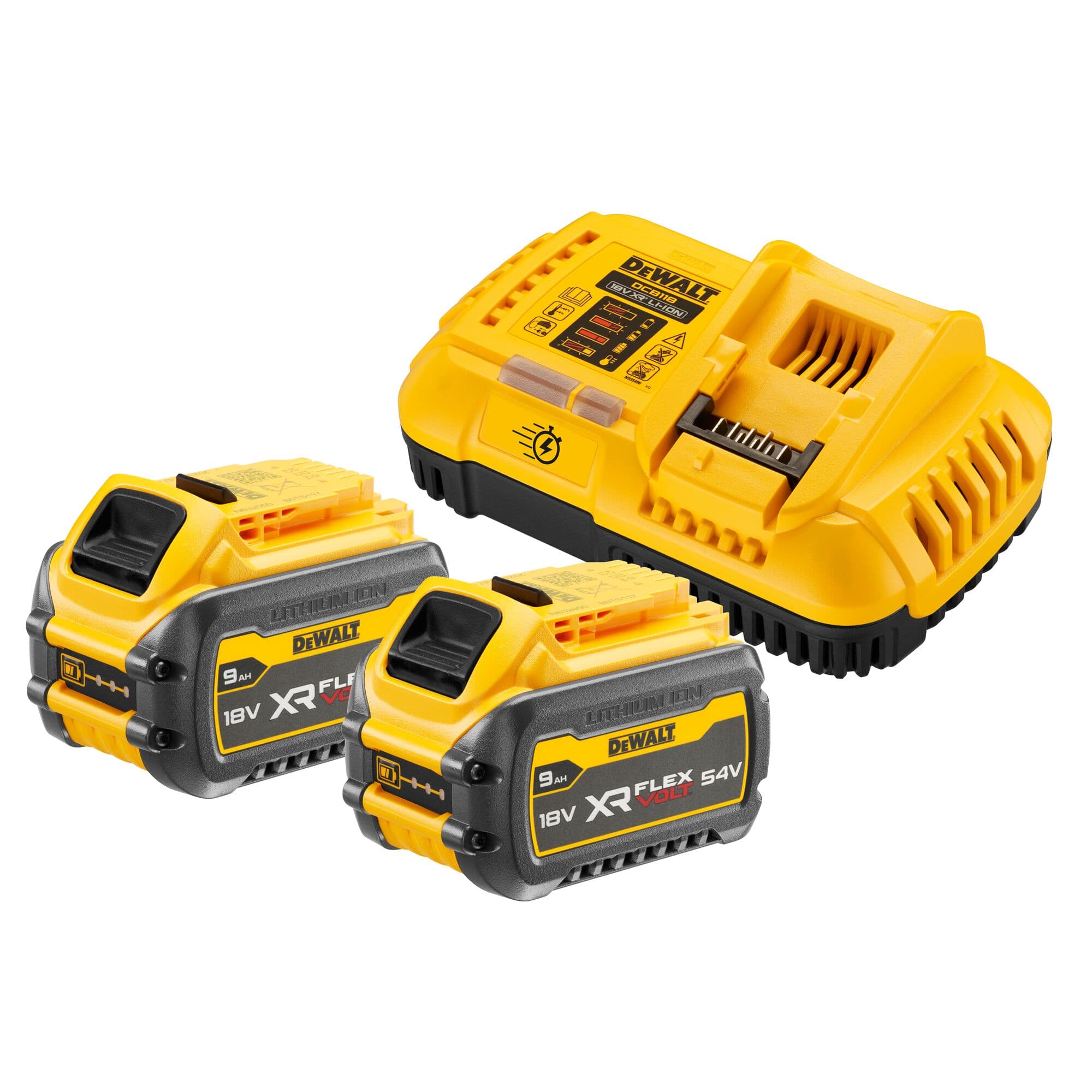 DeWalt startset 2x 9.0Ah DCB118X2-QW lader 8A 54V Flexvolt