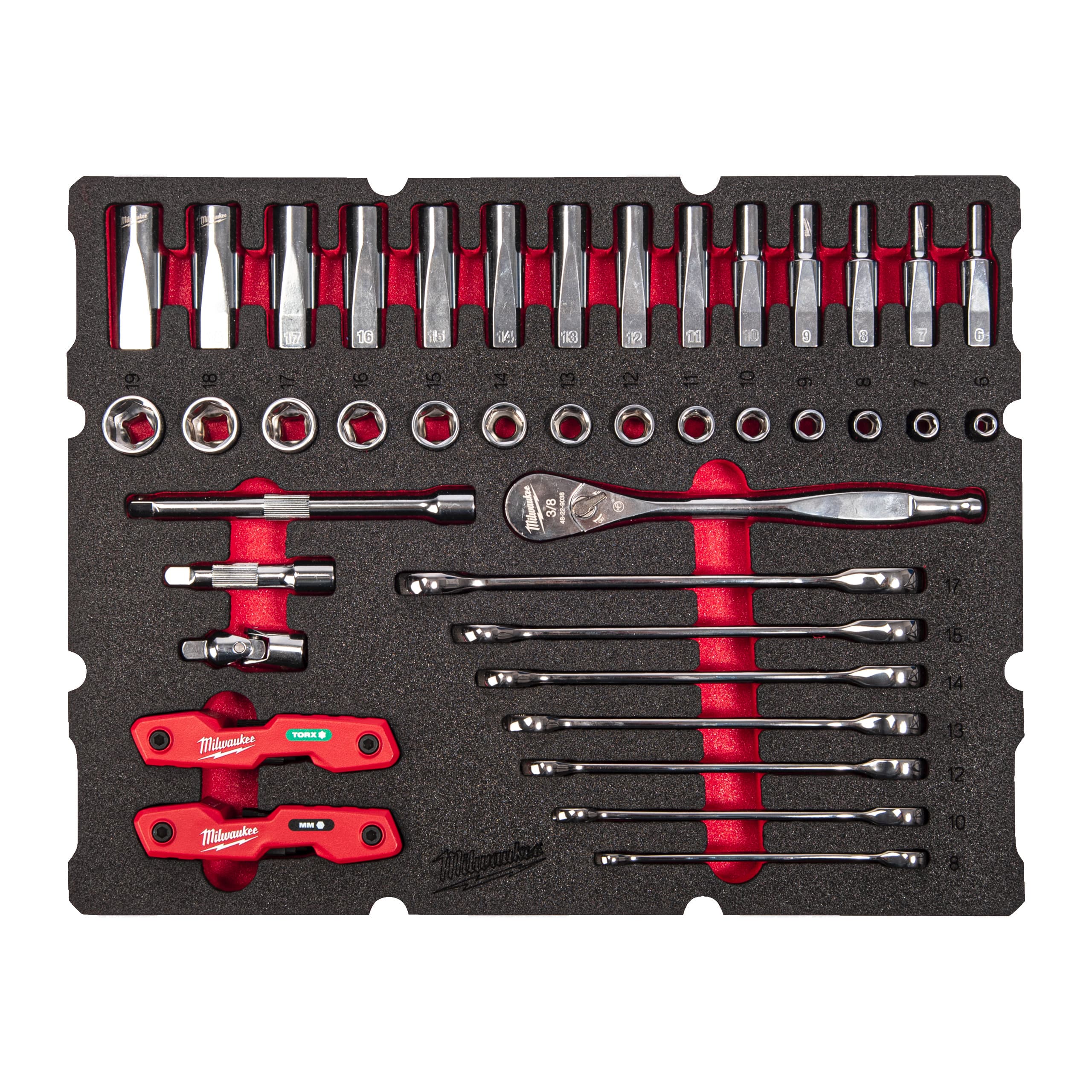 Milwaukee Foam Inlay PACKOUT doppenset 3/8" en ringratel-steeksleutels (39-delig)