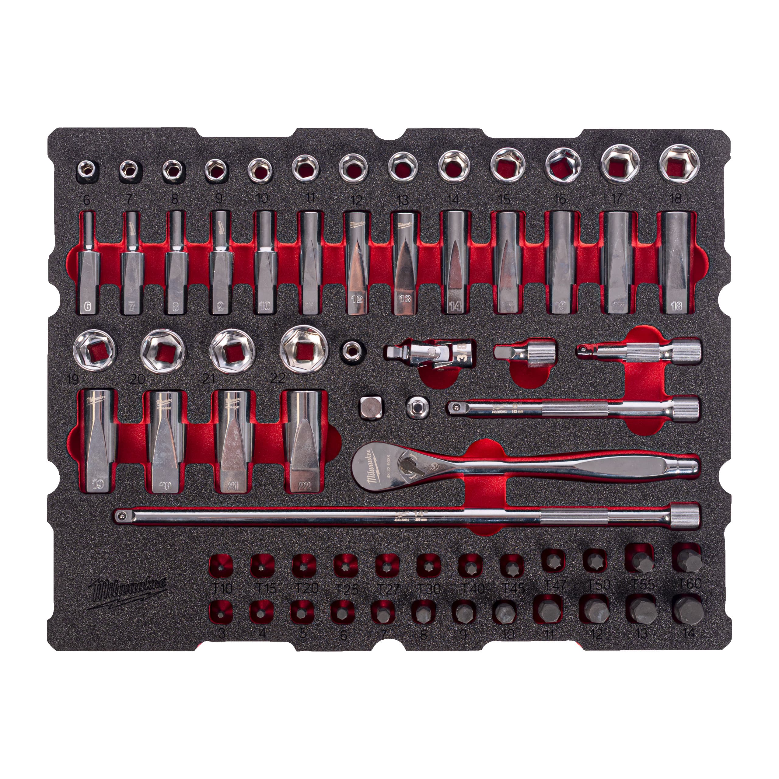 Milwaukee Foam Inlay PACKOUT ratel- en doppenset 3/8” (67-delig)