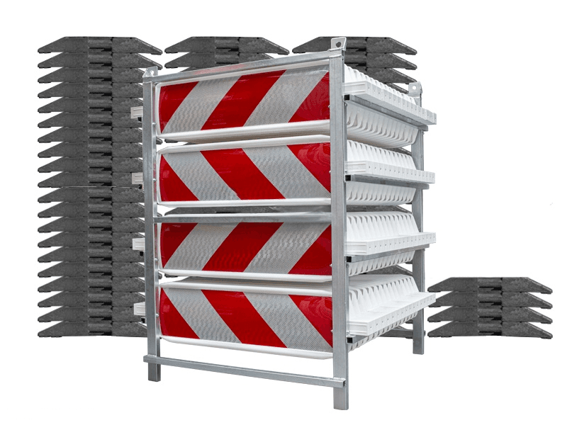 Geleidebaak KX 64 stuks in opslagrek + baakvoeten