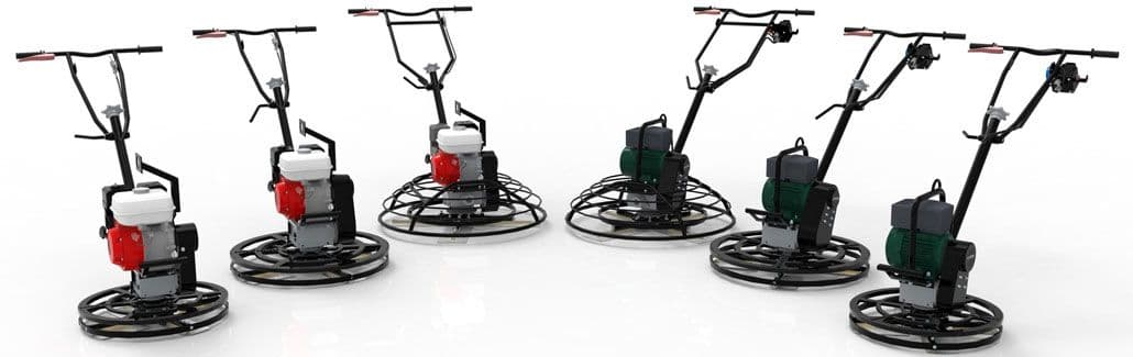 Rij van verschillende vlindermachines met zowel benzine- als elektromotoren, opgesteld op een witte achtergrond.