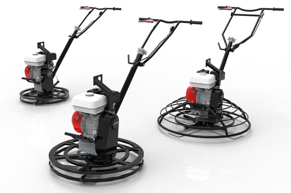 Drie vlindermachines met benzinemotor naast elkaar opgesteld op een witte achtergrond.