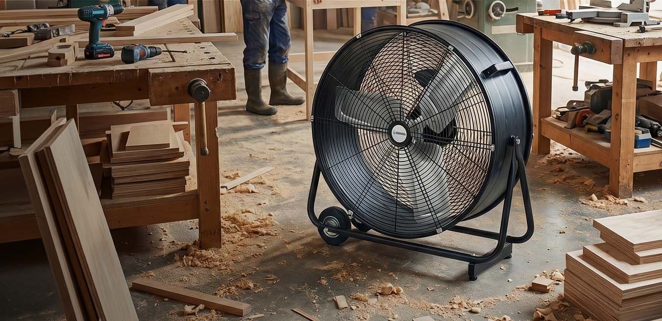 DWM 12000 ventilator in een timmerwerkplaats