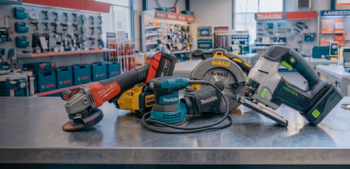 Powertools artikelen op een balie van een showroom met daarachter stellingen met powertool producten