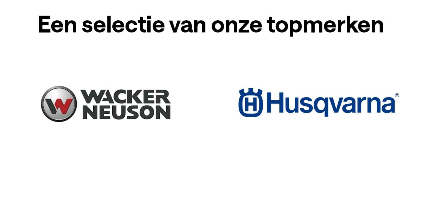 Logo’s van Wacker Neuson en Husqvarna onder de tekst “Een selectie van onze topmerken”.