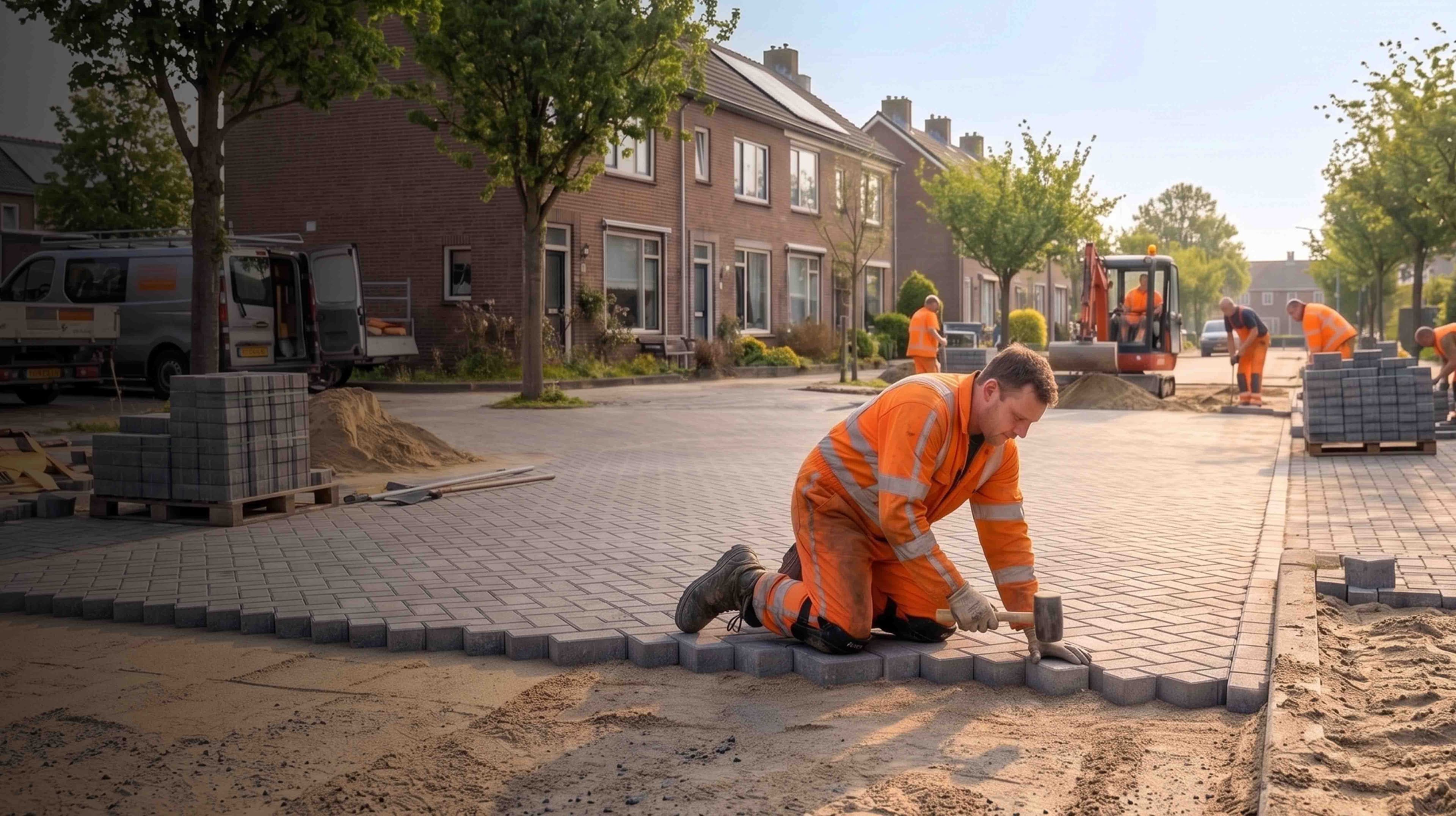 Man met bouwzaag op bouwplaats.