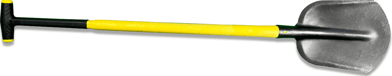 Stevige schep met een glasvezelsteel en T-greep, voorzien van een geel-zwarte handgreep en een metalen blad met opstaande randen.