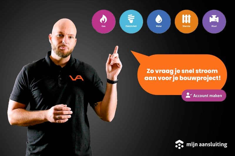 Harold met een tekstballon 'Zo vraag je snel stroom aan voor je bouwproject!'