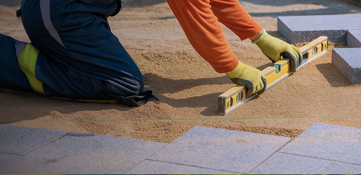 Een medewerker nivelleert zand met een waterpas naast gelegde bestrating.