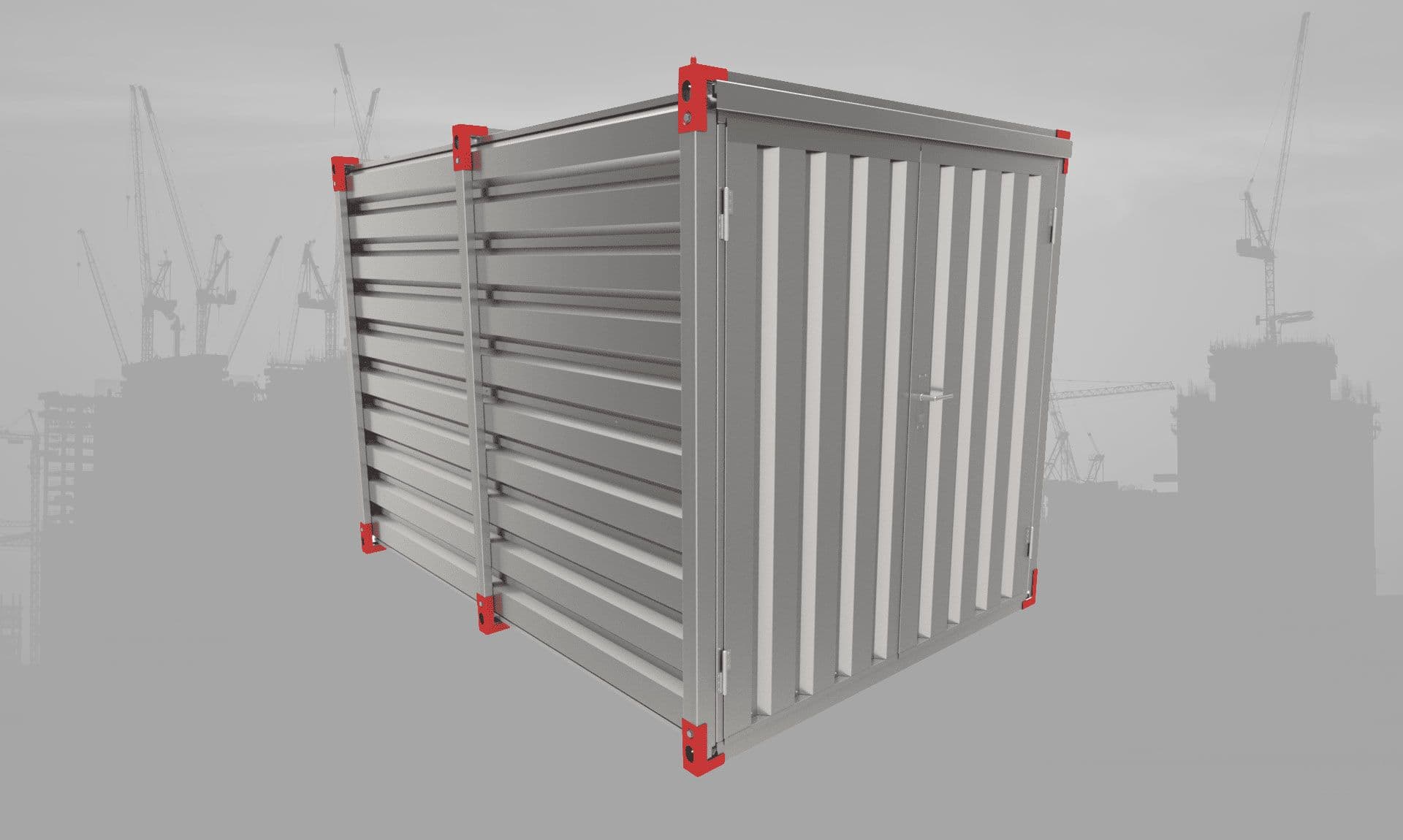 Een materiaalcontainer met op de achtergrond de skyline van een bouwplaats