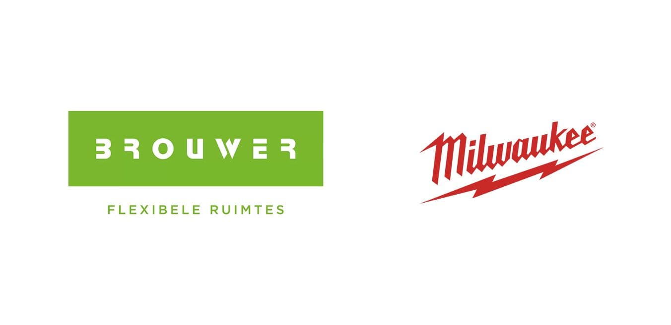 Groen Brouwer-logo naast rood Milwaukee-logo op witte achtergrond.