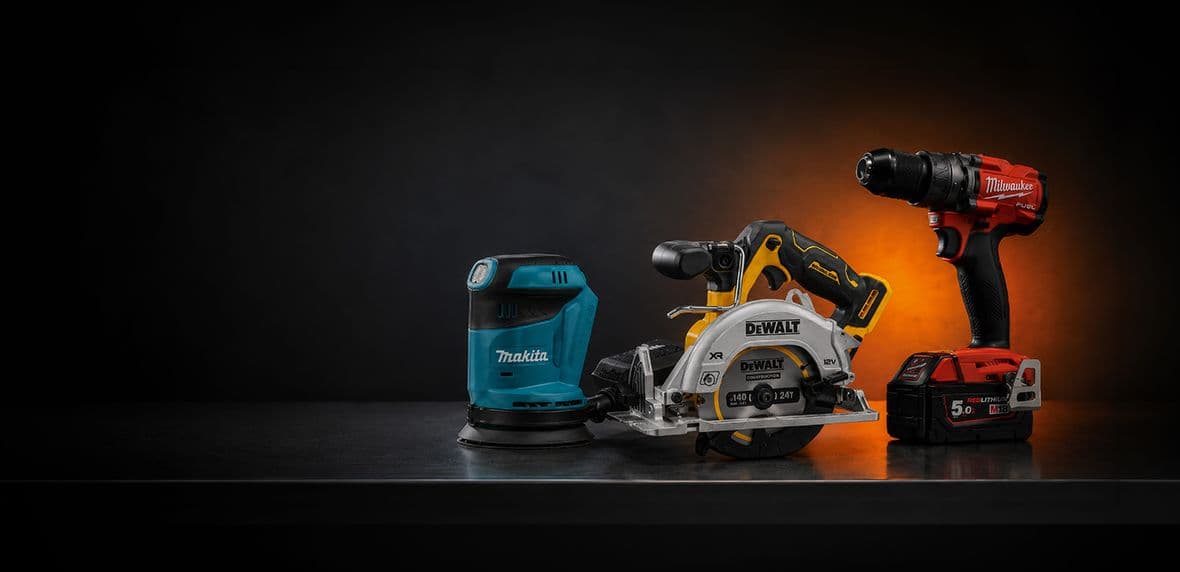 Powertools artikelen op een balie van een donkere showroom met powertool producten