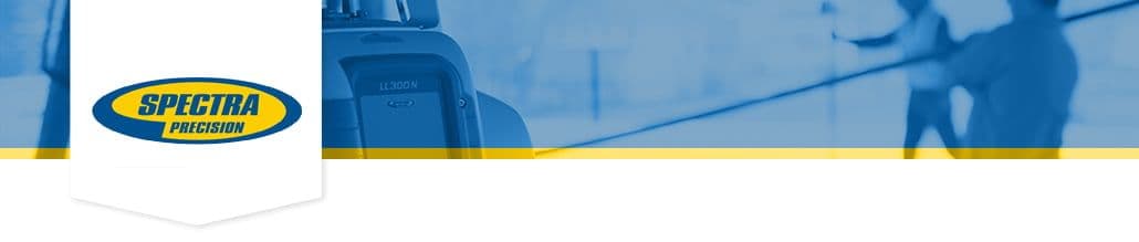Spectra Precision logo met op de achtergrond bouwprofessionals en meetapparatuur in blauwfilter.