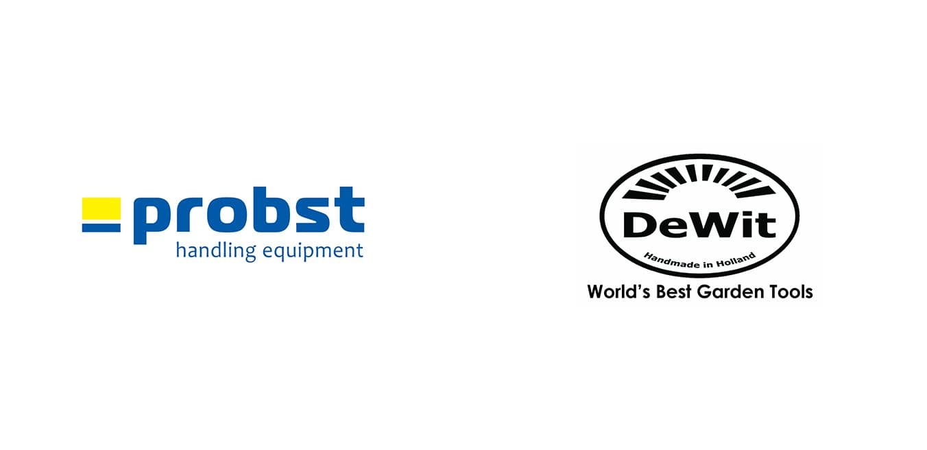 Logo’s van Probst handling equipment en DeWit World’s Best Garden Tools naast elkaar op witte achtergrond.