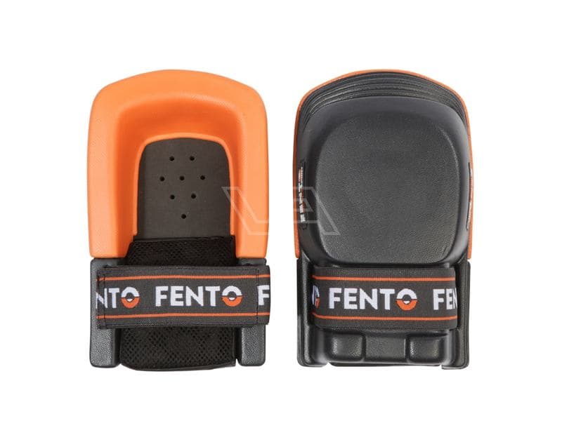 Set Fento 200 Pro kniebeschermers met ergonomisch ontwerp, oranje buitenrand en zwarte padding, voorzien van verstelbare elastische banden met Fento-logo.
