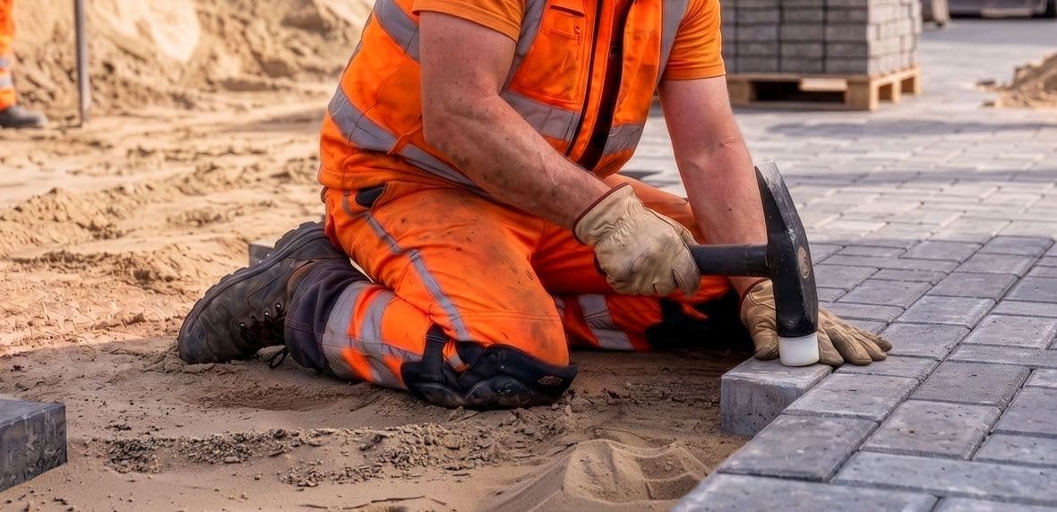 Man op knieën die bestrating nivelleert met een straatmakers hamer.