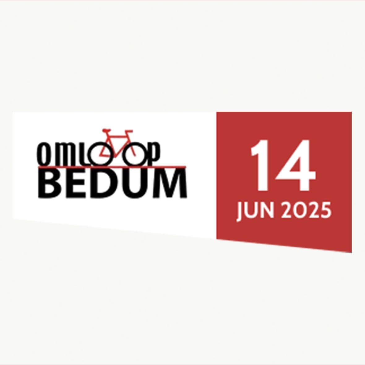 Logo van Omloop Bedum wielerevenement met rode fietsicoon en datum 14 juni 2025.