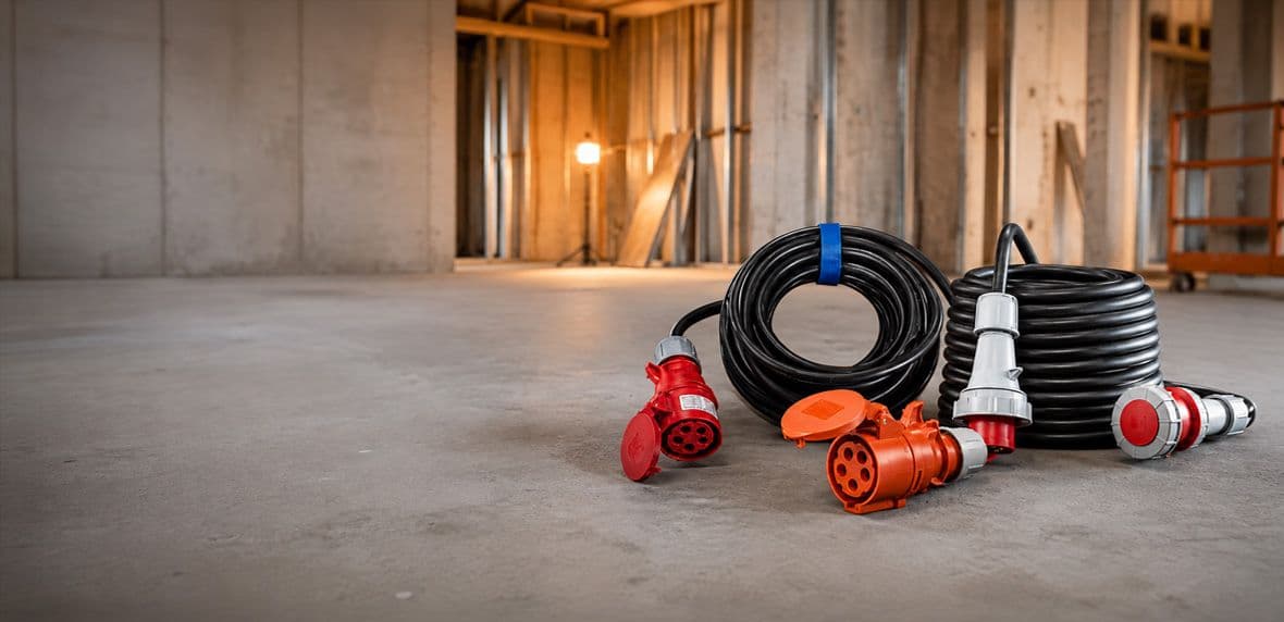 Stroomkabels op een bouwterrein, binnen met een lamp op de achtergrond