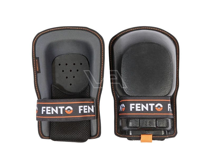 Fento 200 kniebeschermers met ergonomisch ontwerp, zwart met oranje details en brede klittenbandsluiting voor optimale drukverdeling en comfort.