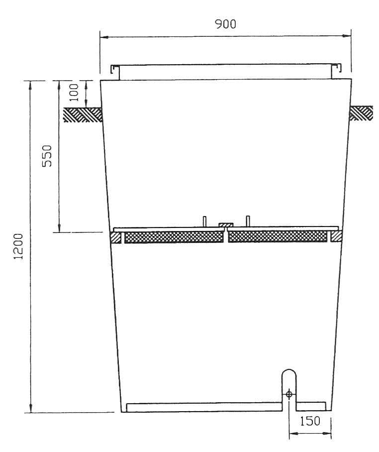 Technische tekening van een bouwwaterput met een hoogte van 1200 mm en een breedte van 900 mm. De put bevat een geïsoleerd tussendeksel en een afvoeropening met een diameter van 150 mm aan de onderzijde.