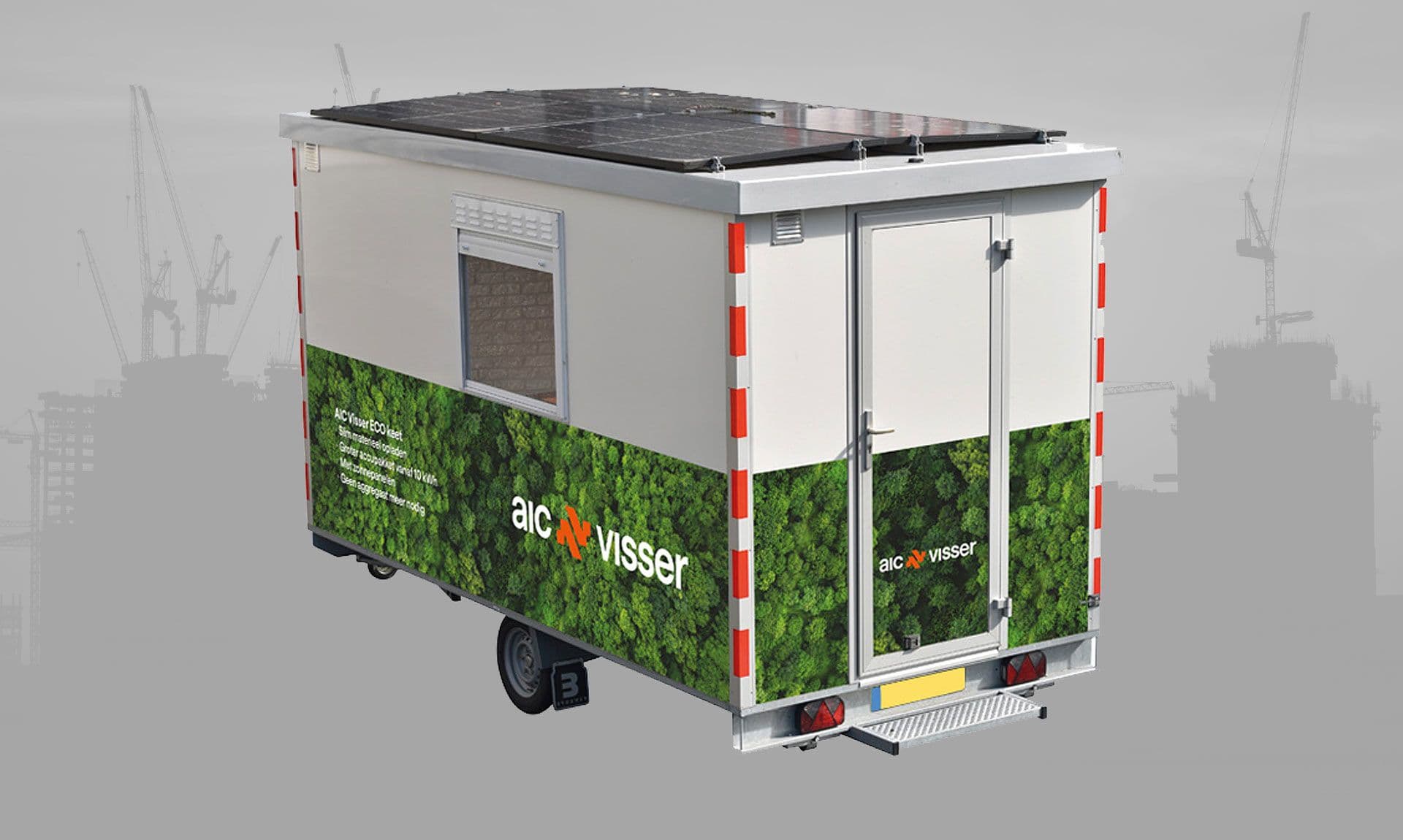 Onze ECO schaftkeet op een grijze skyline van een bouwplaats