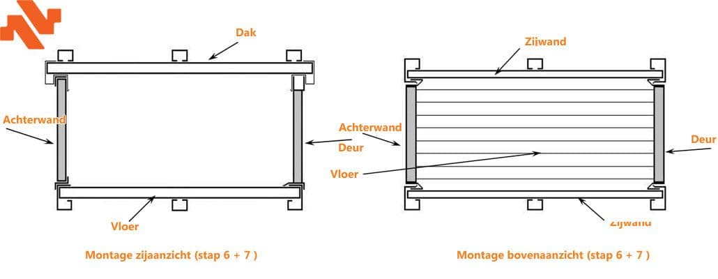 Monteren van het dak en de zijwanden van een demontabele container