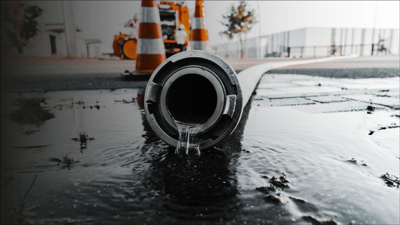 Grote slangmond waar water uit stroomt over een nat wegdek met verkeerskegels op de achtergrond.