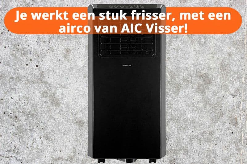 Zwarte airco met de slogan 'Je werkt een stuk frisser, met een airco van AIC VIsser!'