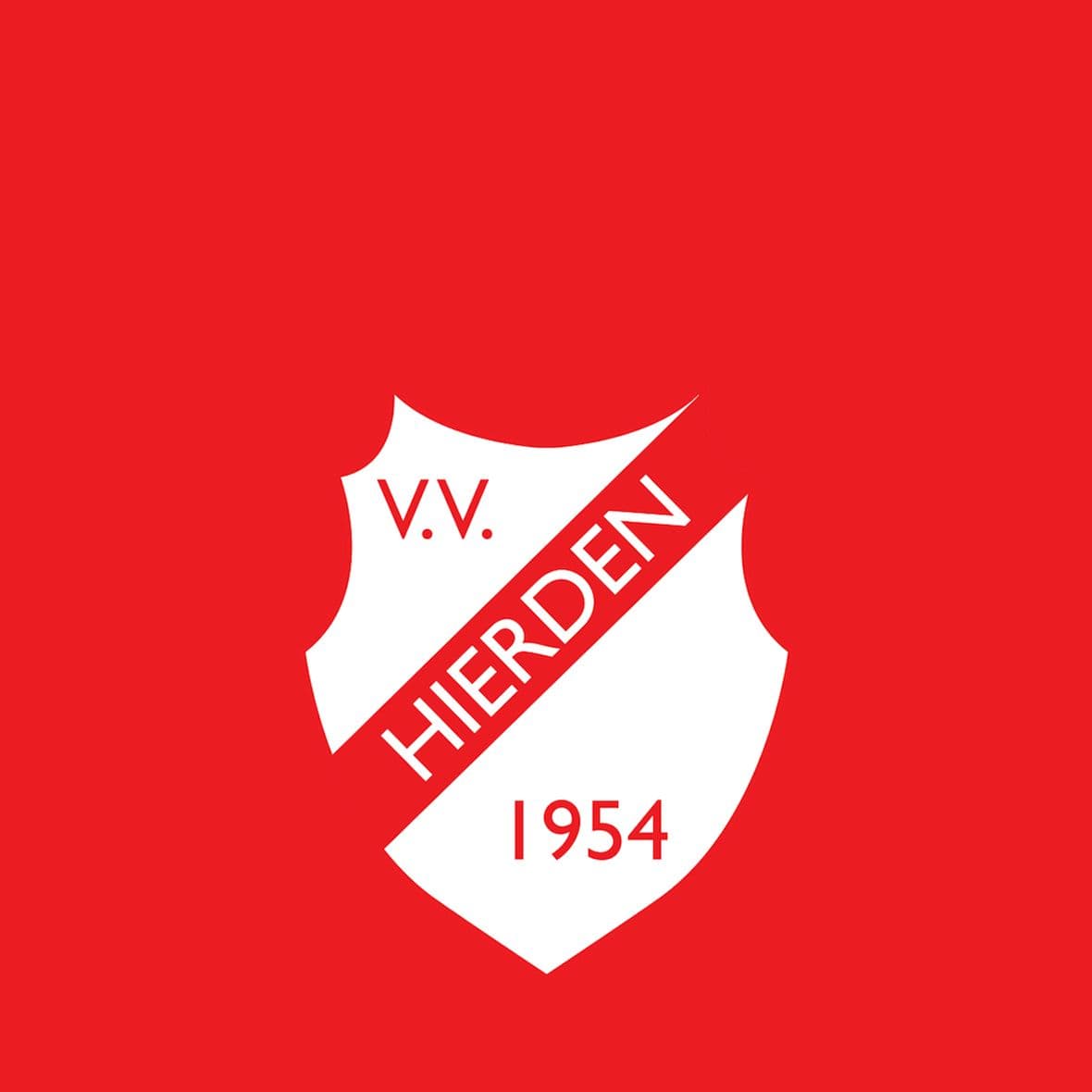Logo van voetbalvereniging V.V. Hierden met rood schild, diagonale balk en het jaartal 1954.