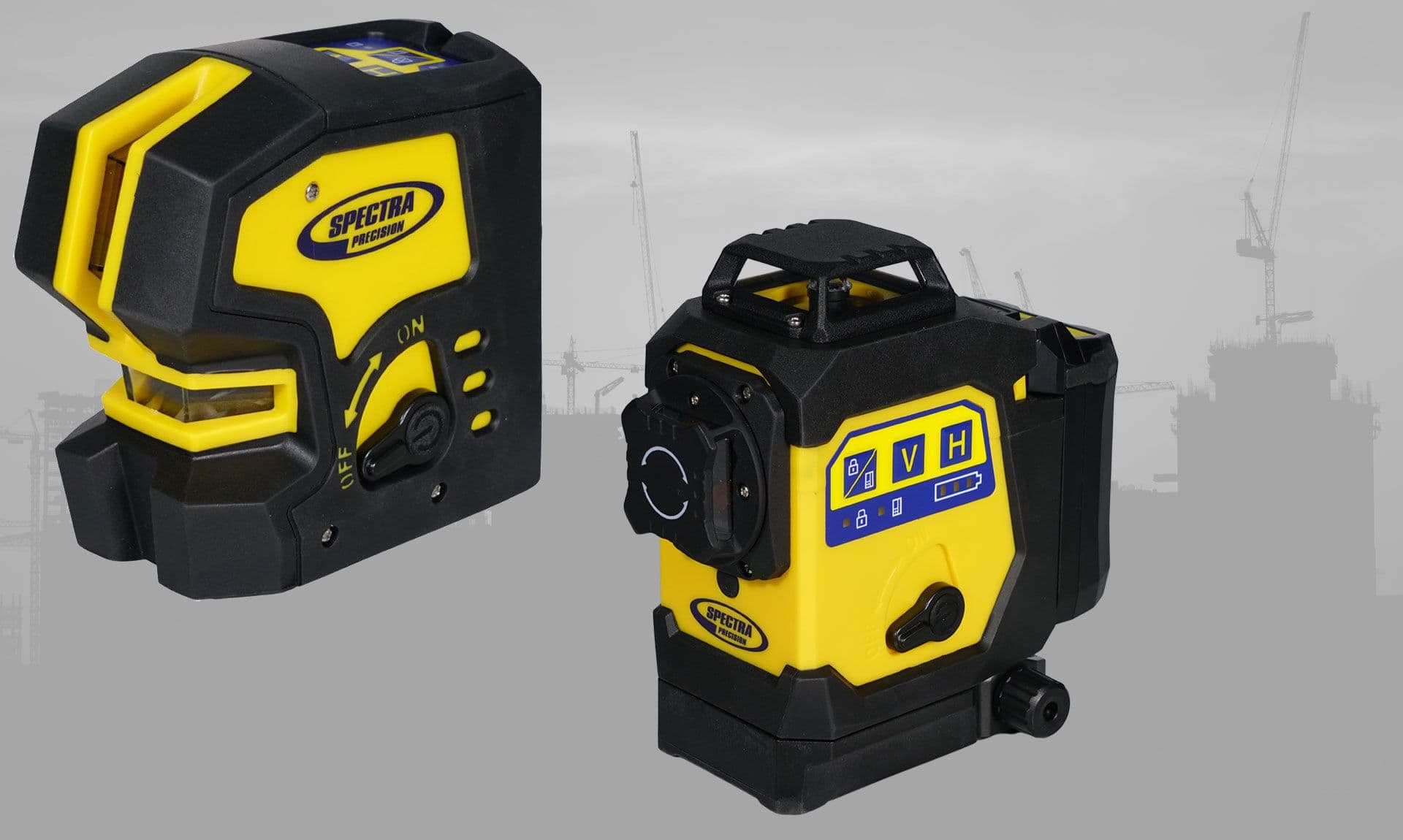 Kruislijnlasers Spectra LT20XG en LT360G op een achtergrond van een bouwplaats