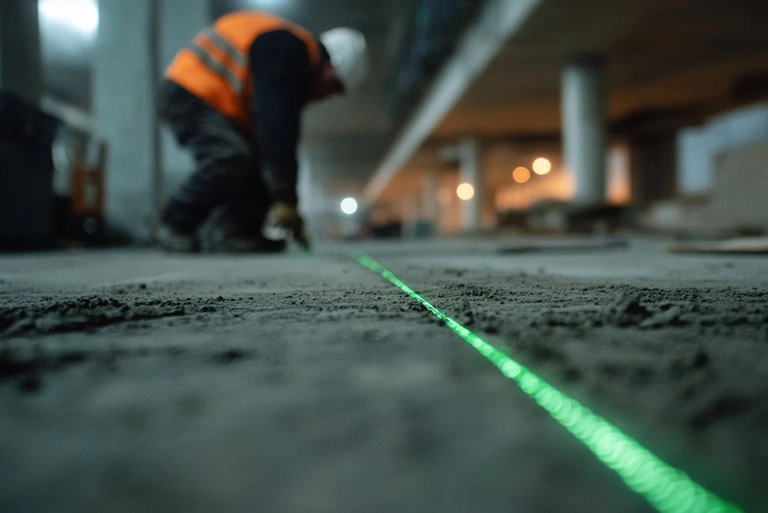 Een groene laser van een bouwlaser op de grond van een bouwproject met achterin een bouwvakker.